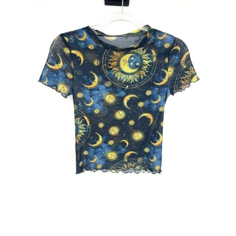 Celestial Moon‎ Sun Print Sheer Mesh Top Short Sleeve Lettuce Trim Blue Gothic